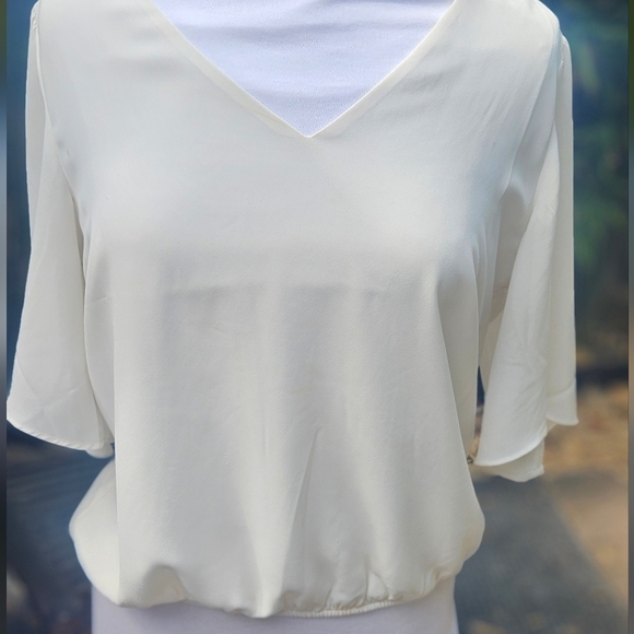 Express Flounce Sleeve Double Strap Back Ivory Blouse Elastic Waist Wmn's Sz M - Picture 1 of 5